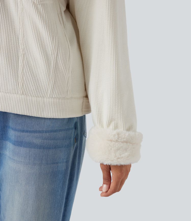 Veste décontractée sherpa en velours côtelé à manches longues avec poches