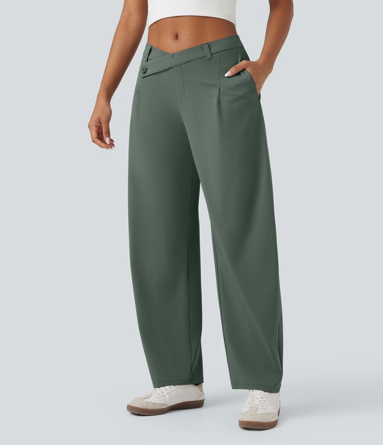 Pantalon fuselé décontracté asymétrique taille mi-haute avec poches