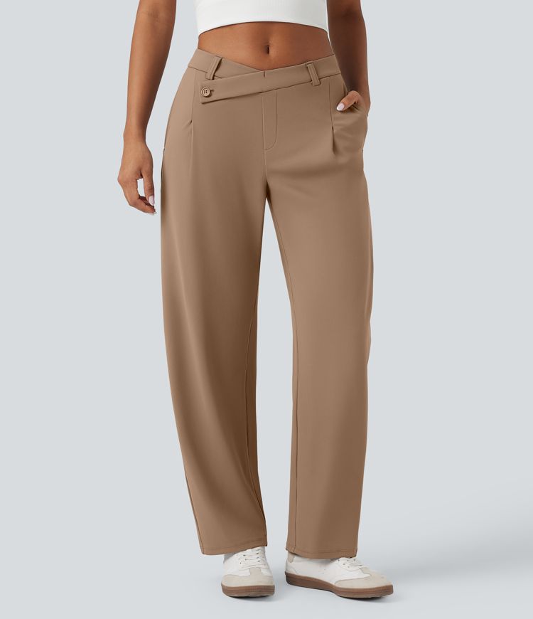 Pantalon fuselé décontracté asymétrique taille mi-haute avec poches