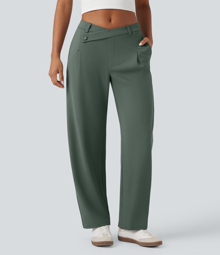 Pantalon fuselé décontracté asymétrique taille mi-haute avec poches