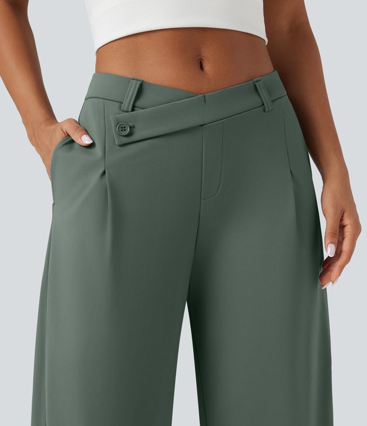 Pantalon fuselé décontracté asymétrique taille mi-haute avec poches