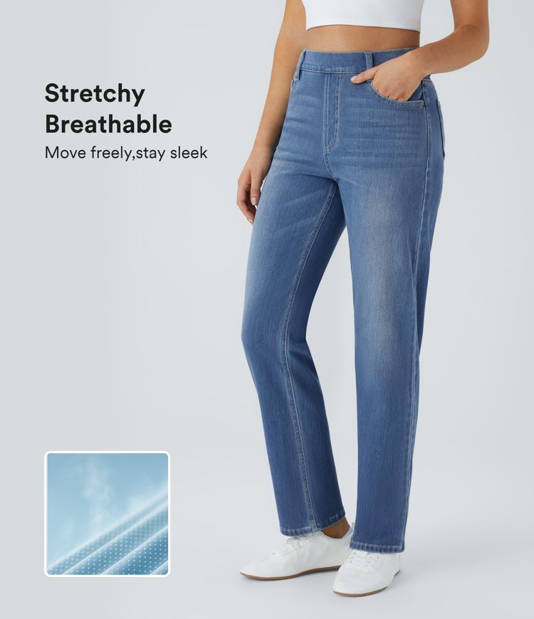 Halara Flex™ High Waisted Pockets Straight Leg Washed Casual Jeans