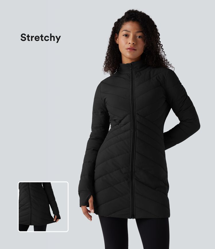 Veste matelassée décontractée ajustée extensible col montant à manches longues avec passants pouces, zips à l'ourlet et poches