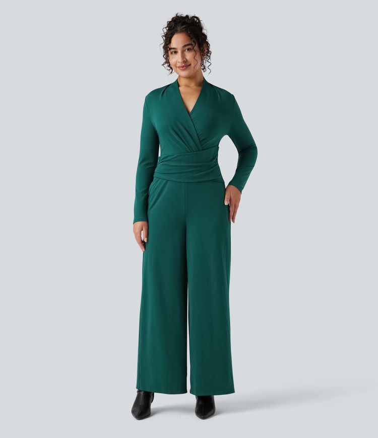 V-neck Zipper Long Sleeve Work Jumpsuit with Pockets-Easy Peezy