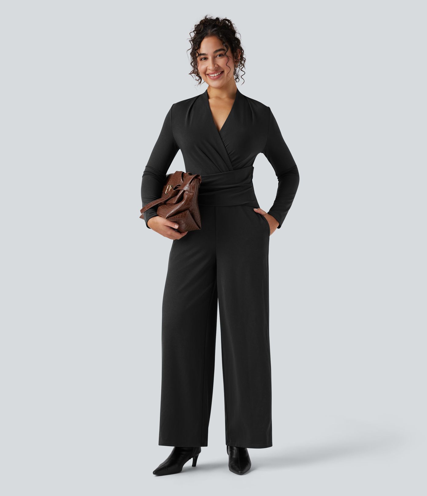 V-neck Zipper Long Sleeve Work Jumpsuit with Pockets-Easy Peezy