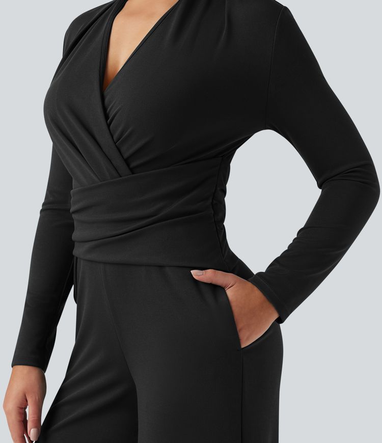 V-neck Zipper Long Sleeve Work Jumpsuit with Pockets-Easy Peezy