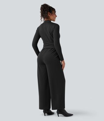 V-neck Zipper Long Sleeve Work Jumpsuit with Pockets-Easy Peezy