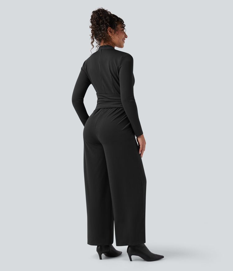 V-neck Zipper Long Sleeve Work Jumpsuit with Pockets-Easy Peezy
