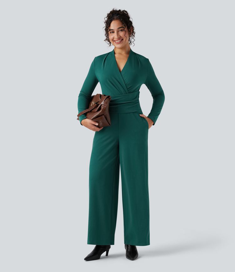V-neck Zipper Long Sleeve Work Jumpsuit with Pockets-Easy Peezy