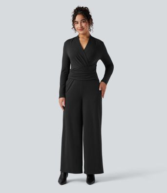 V-neck Zipper Long Sleeve Work Jumpsuit with Pockets-Easy Peezy