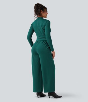 V-neck Zipper Long Sleeve Work Jumpsuit with Pockets-Easy Peezy