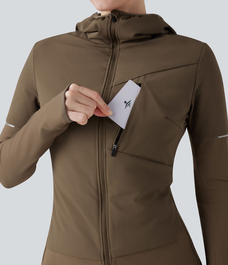 Hooded Zipper Long Sleeve Thumb Hole Running Down Jacket with Pocket