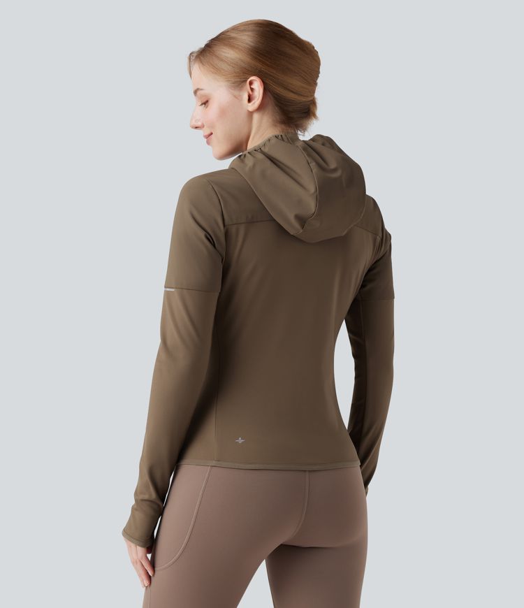 Hooded Zipper Long Sleeve Thumb Hole Running Down Jacket with Pocket