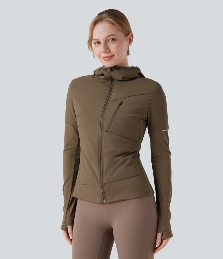 Hooded Zipper Long Sleeve Thumb Hole Running Down Jacket with Pocket