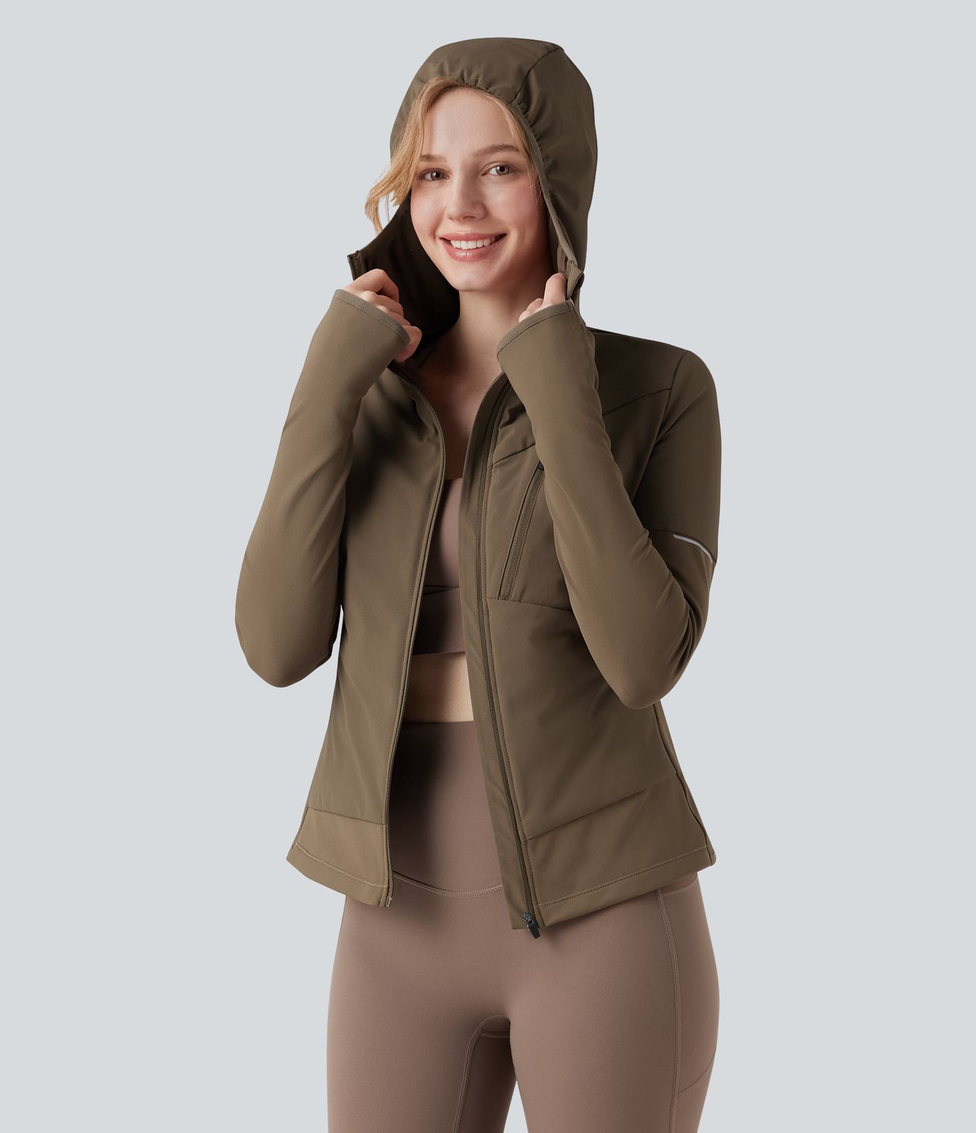 Hooded Zipper Long Sleeve Thumb Hole Running Down Jacket with Pocket