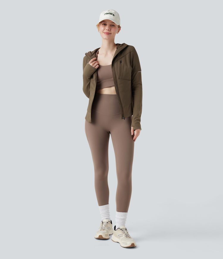 Hooded Zipper Long Sleeve Thumb Hole Running Down Jacket with Pocket