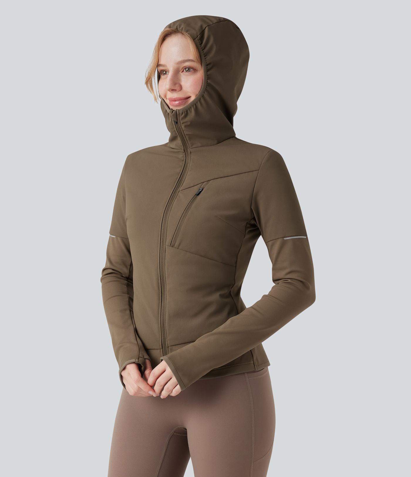 Hooded Zipper Long Sleeve Thumb Hole Running Down Jacket with Pocket