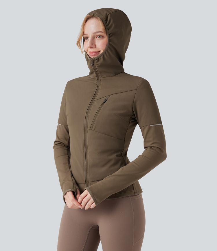 Hooded Zipper Long Sleeve Thumb Hole Running Down Jacket with Pocket