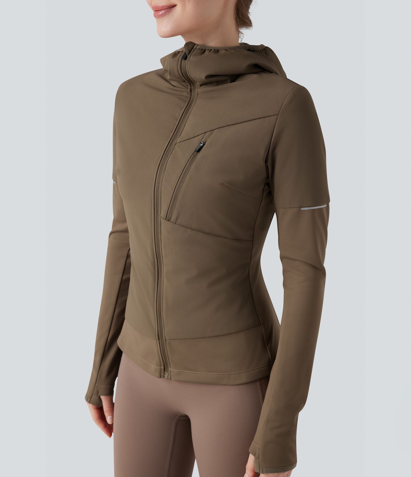 Hooded Zipper Long Sleeve Thumb Hole Running Down Jacket with Pocket