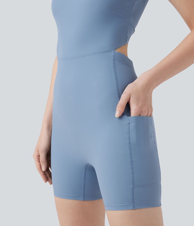 Backless U-Neck Sleeveless One Piece Swimsuit with Pockets-Easy Peezy