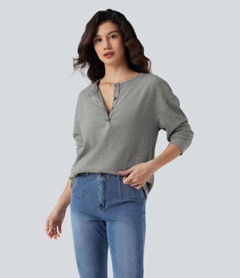 Ribbed Knit Henley Long Sleeve Casual Top