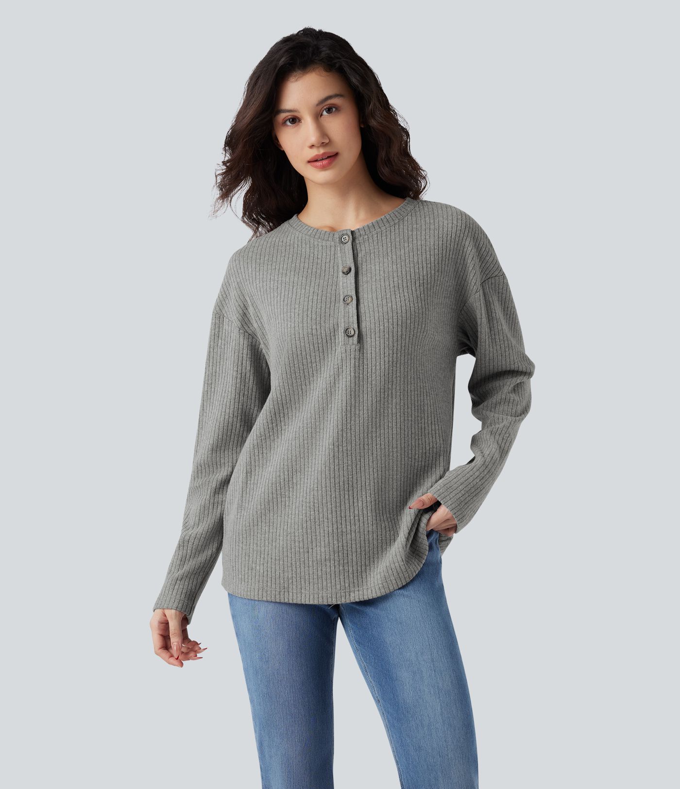 Ribbed Knit Henley Long Sleeve Casual Top
