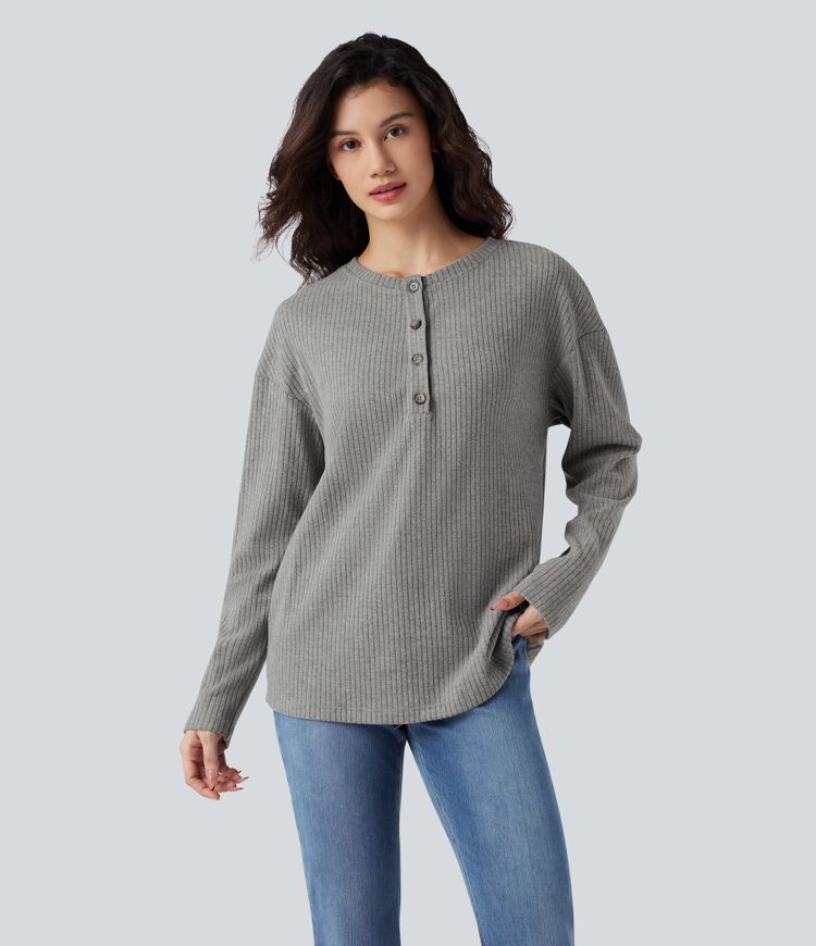 Ribbed Knit Henley Long Sleeve Casual Top
