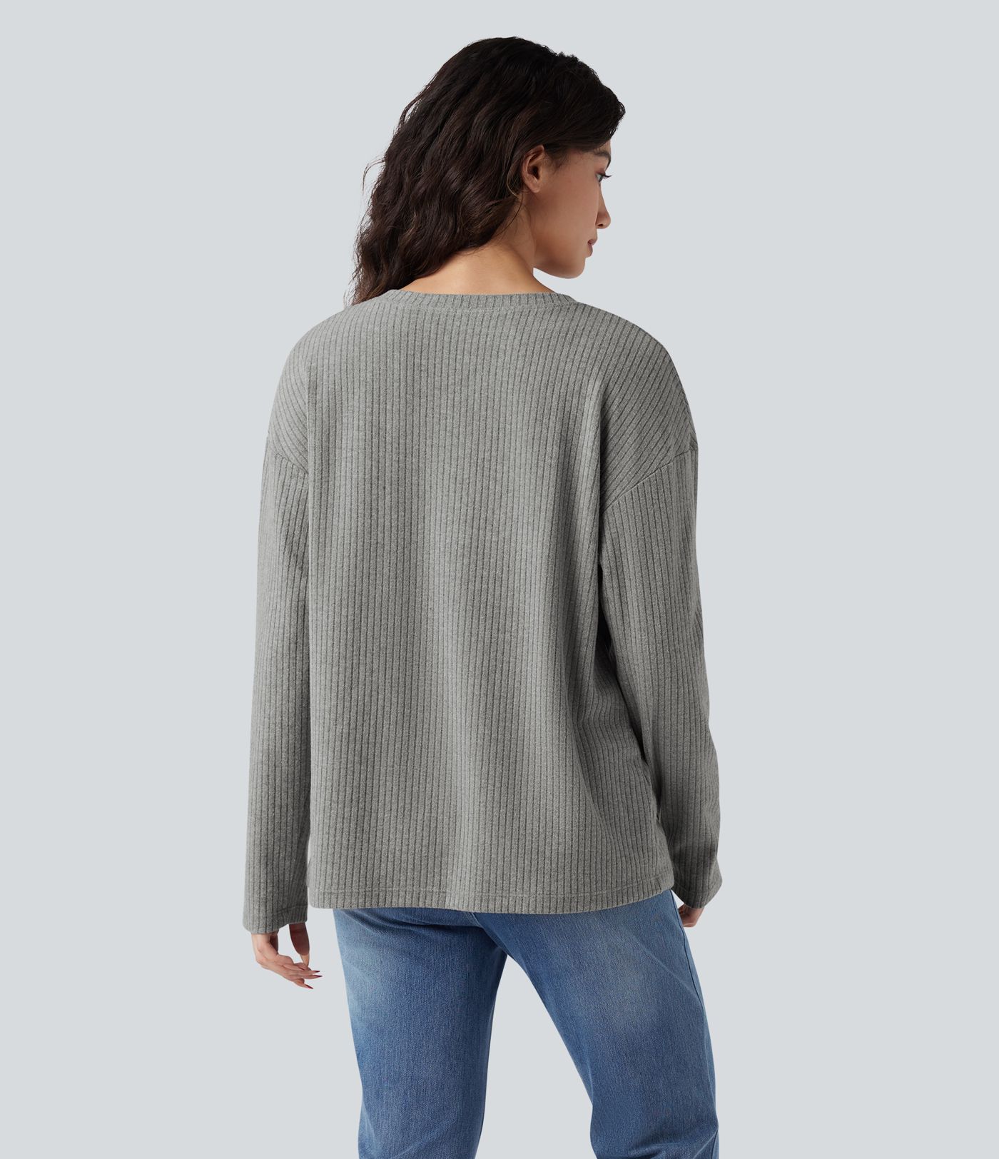 Ribbed Knit Henley Long Sleeve Casual Top