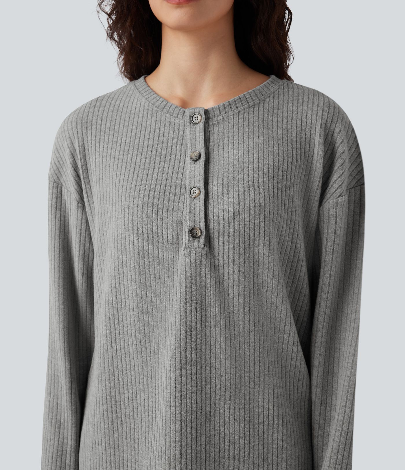 Ribbed Knit Henley Long Sleeve Casual Top