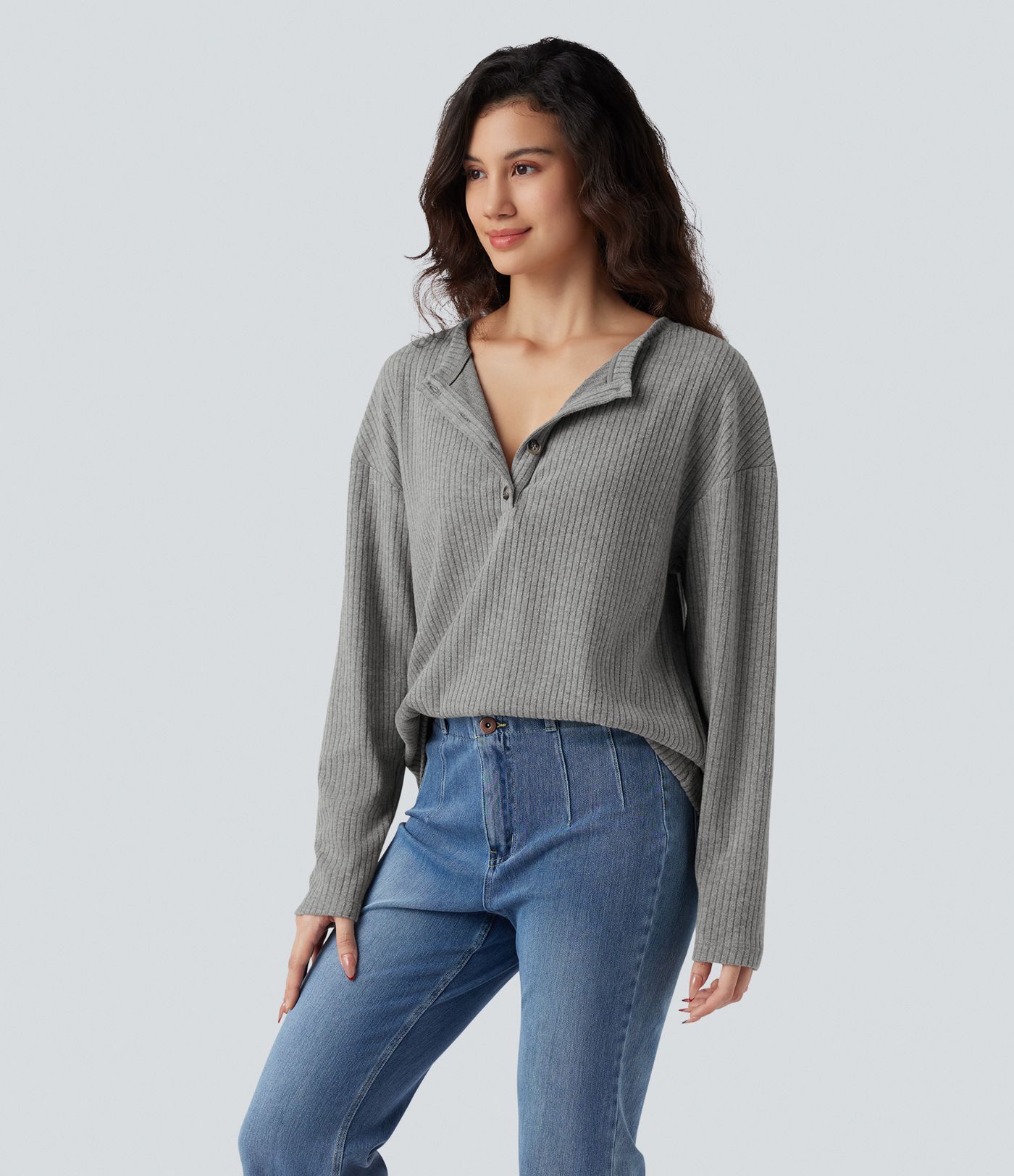 Ribbed Knit Henley Long Sleeve Casual Top