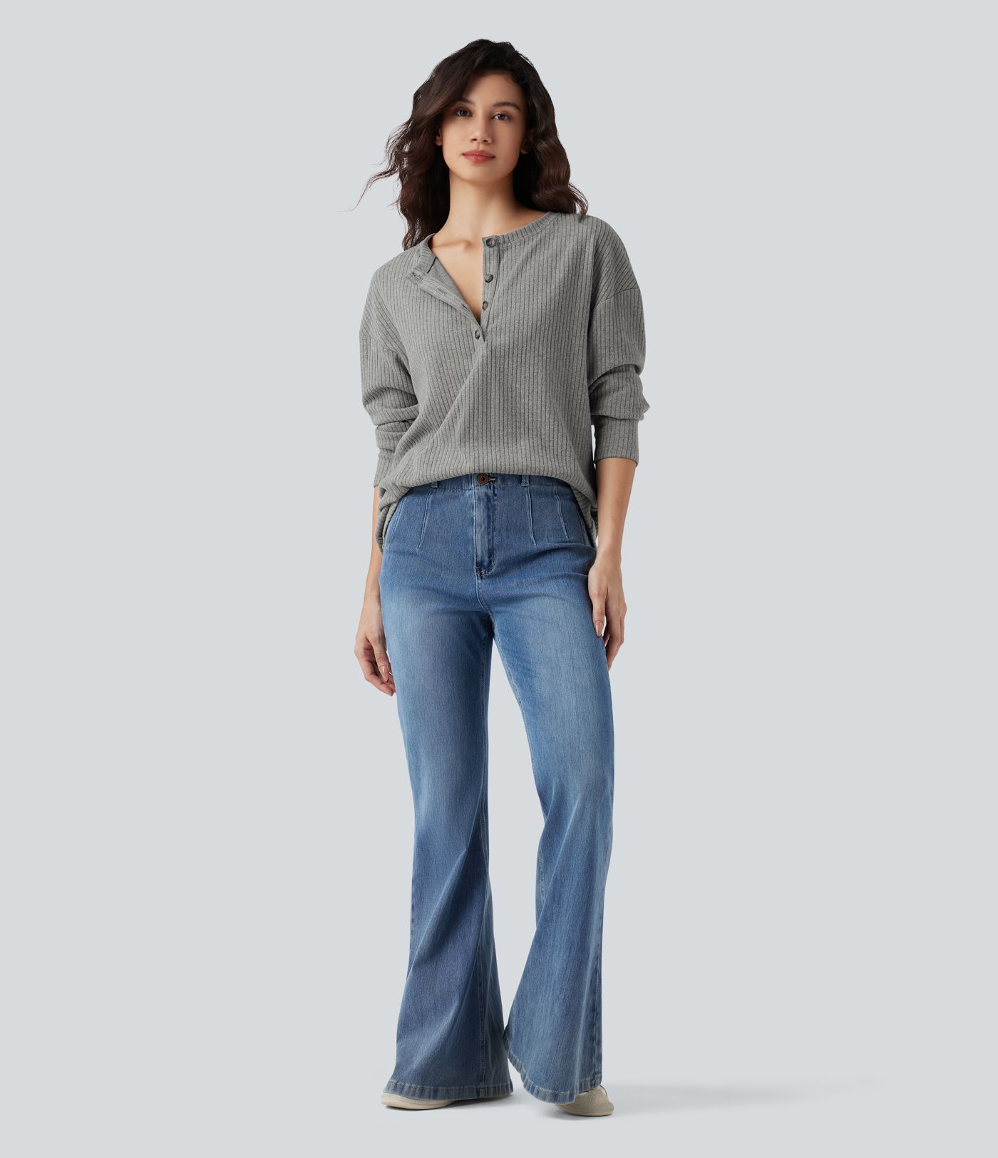 Ribbed Knit Henley Long Sleeve Casual Top