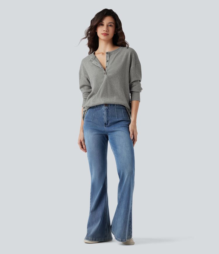 Ribbed Knit Henley Long Sleeve Casual Top