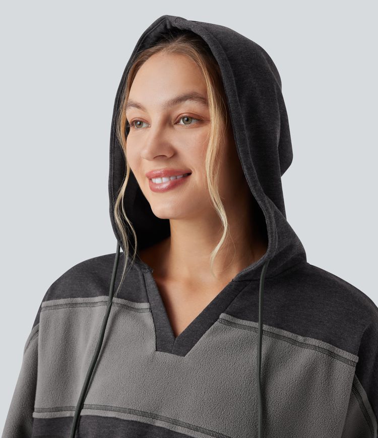 Hooded Drawstring Long Sleeve Patchwork Casual Sports Sweatshirt