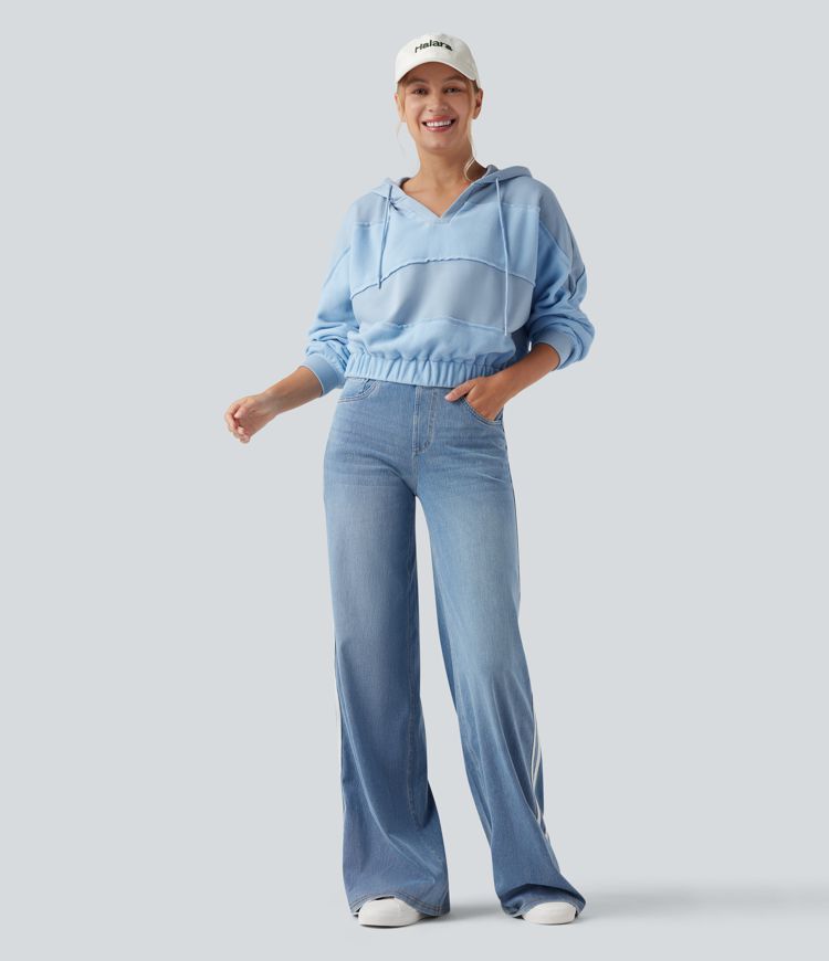 Hooded Drawstring Long Sleeve Patchwork Casual Sports Sweatshirt