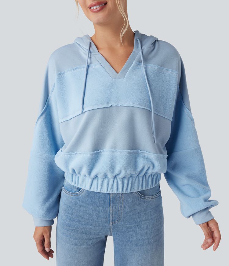 Hooded Drawstring Long Sleeve Patchwork Casual Sports Sweatshirt