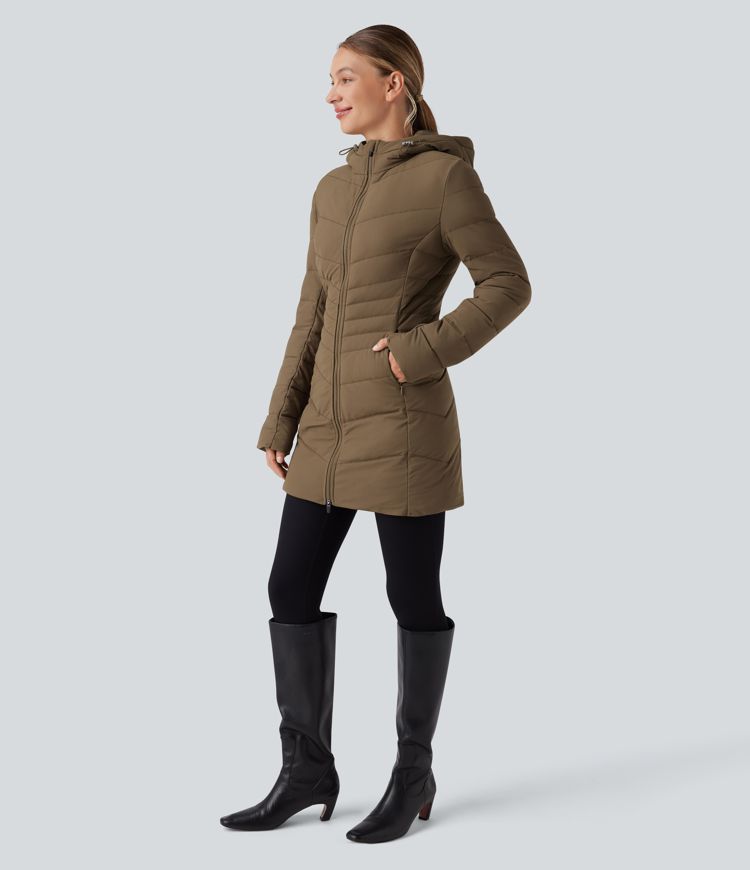 Hooded Longline Stretchy Casual Padded Jacket with Pockets