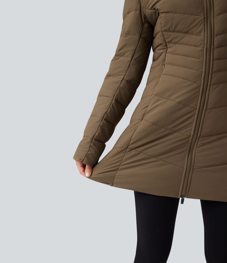 Hooded Longline Stretchy Casual Padded Jacket with Pockets