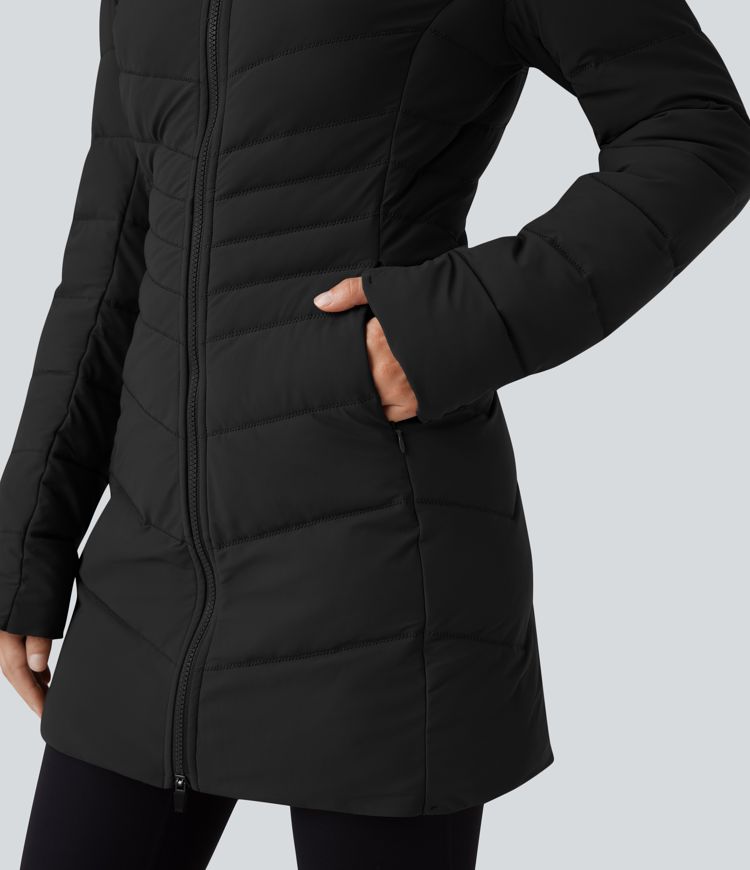 Huppullinen, pitkä, joustava ja rento toppatakki taskuilla