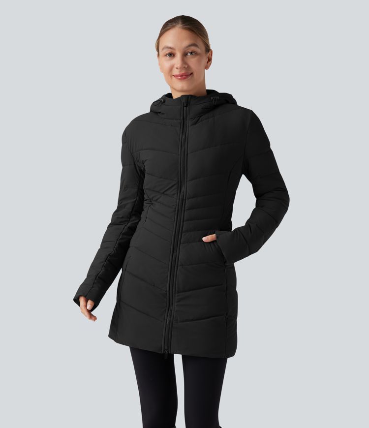 Huppullinen, pitkä, joustava ja rento toppatakki taskuilla