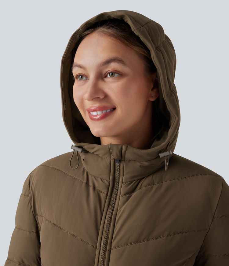Hooded Longline Stretchy Casual Padded Jacket with Pockets