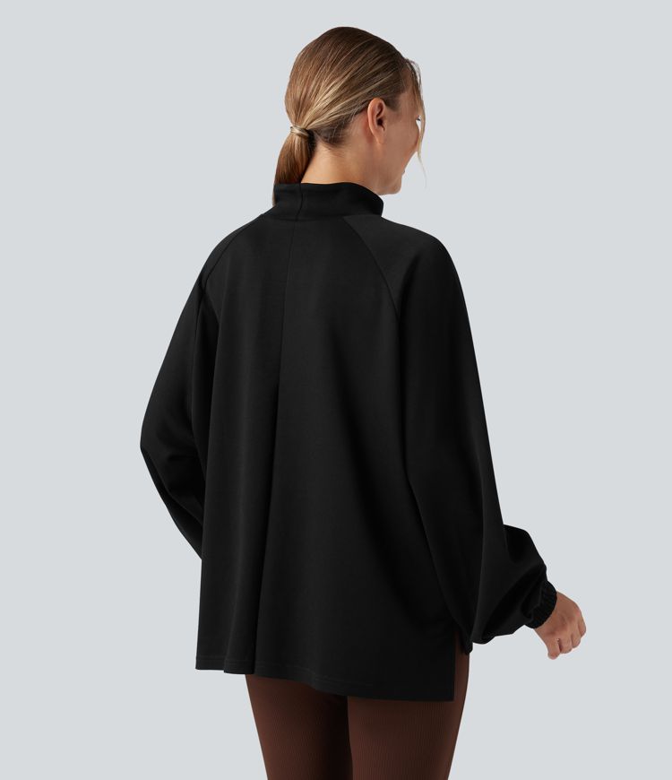 Mock Neck Long Sleeve High Low Casual Sweatshirt with Pocket