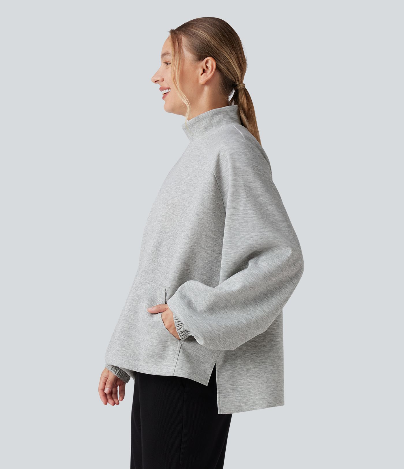 Mock Neck Long Sleeve High Low Casual Sweatshirt with Pocket