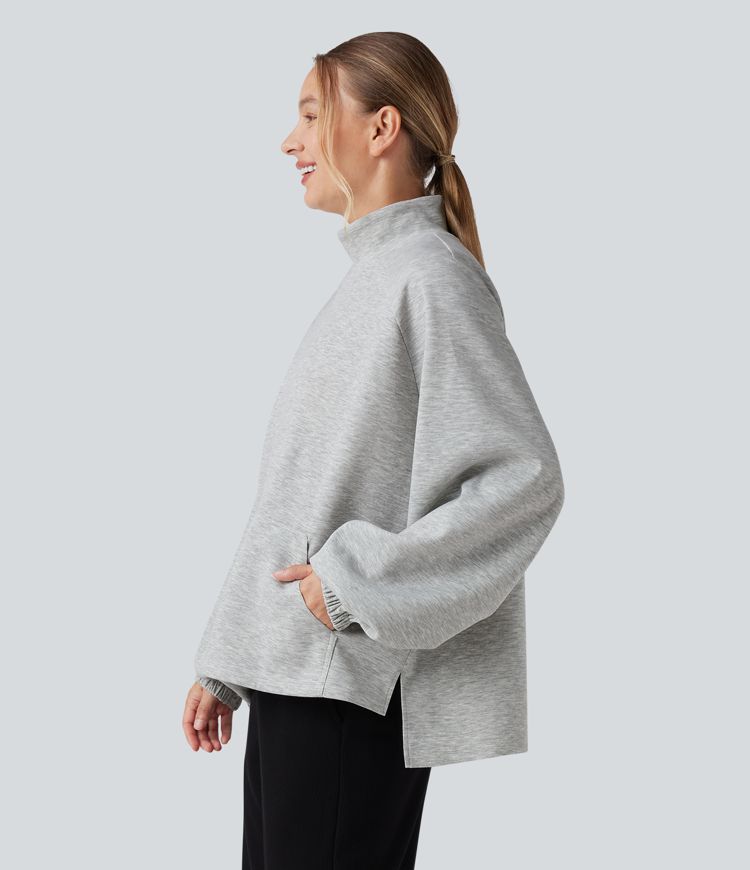Mock Neck Long Sleeve High Low Casual Sweatshirt with Pocket