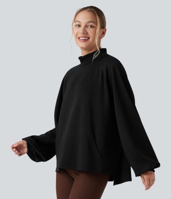 Mock Neck Long Sleeve High Low Casual Sweatshirt with Pocket