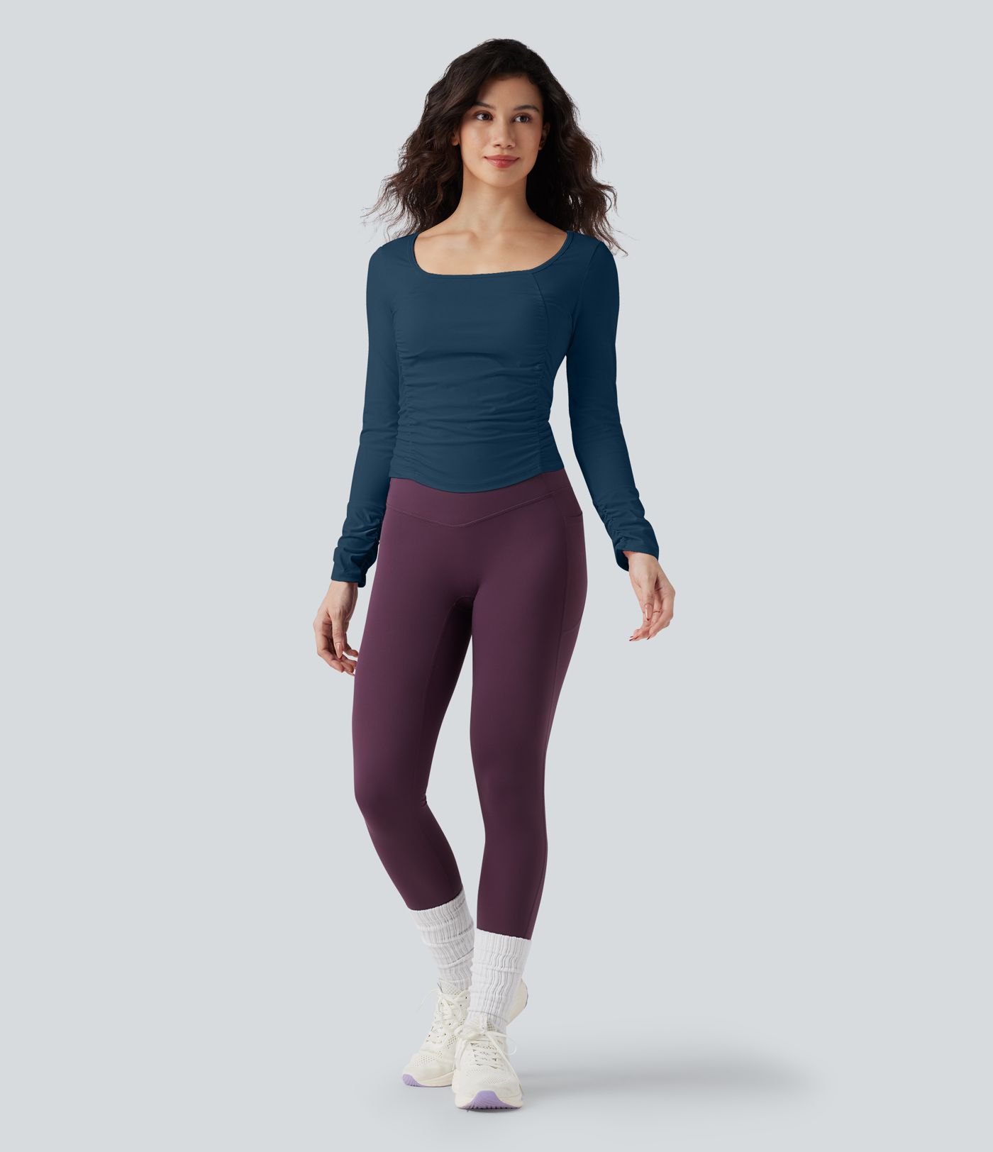 SoftlyZero™ Airy Square Neck Long Sleeve Ruched InstantCool Workout Sports Top
