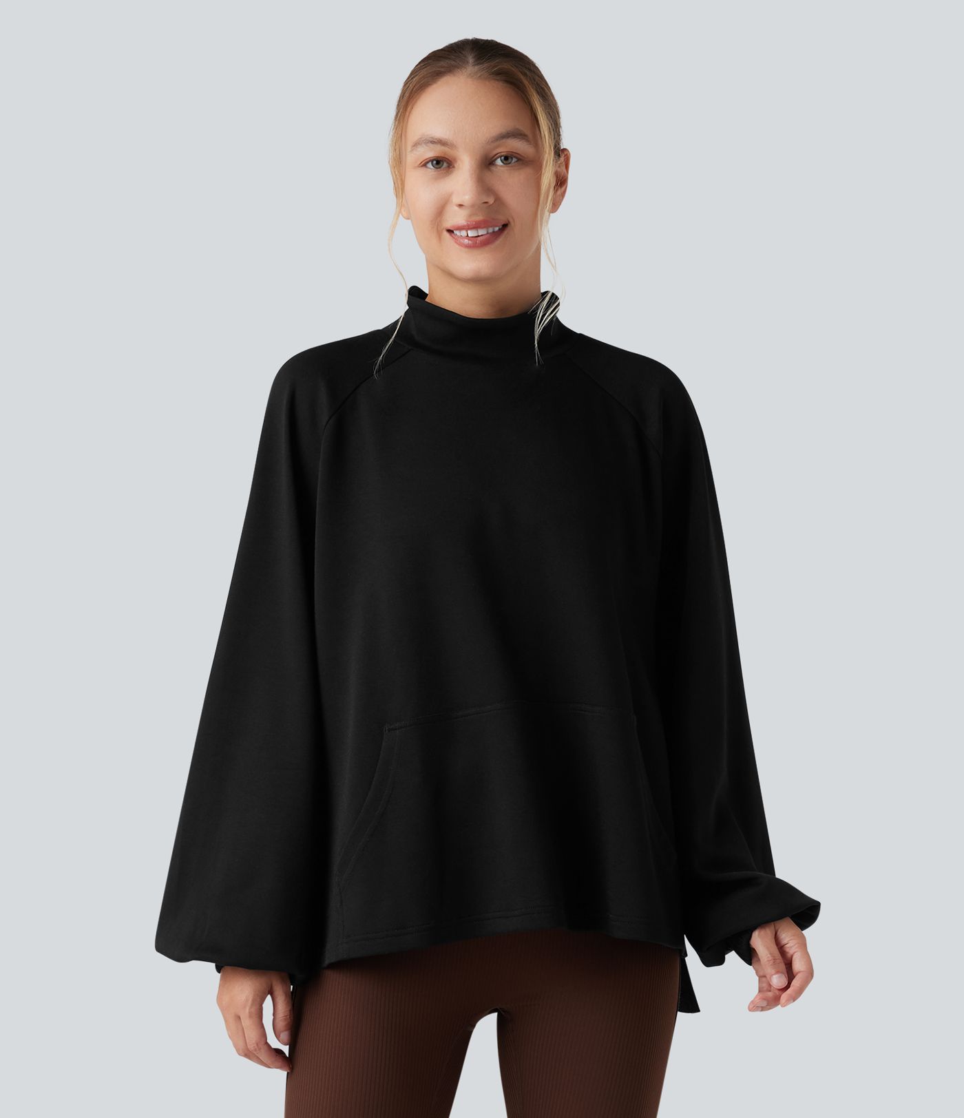 Mock Neck Long Sleeve High Low Casual Sweatshirt with Pocket