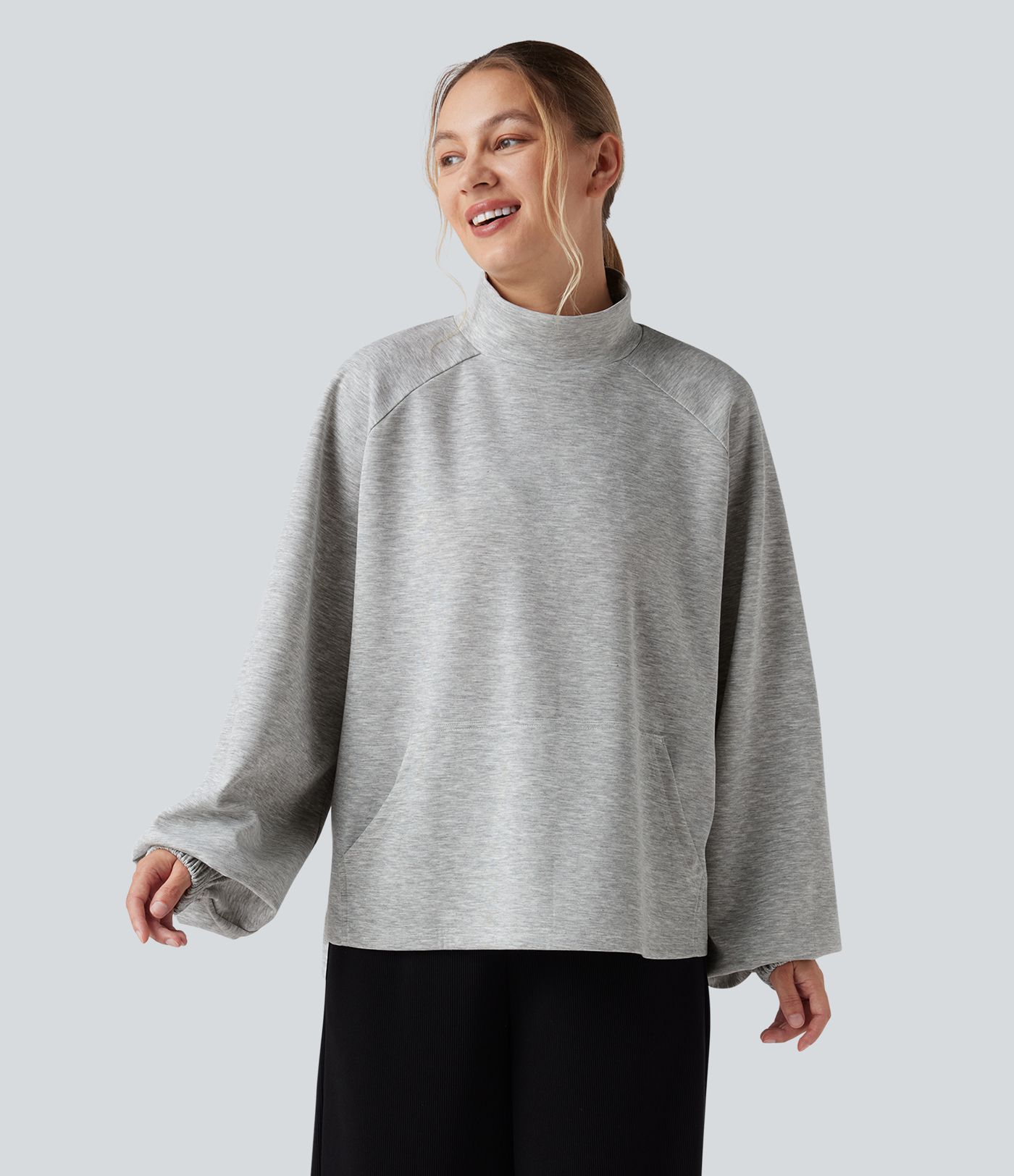 Mock Neck Long Sleeve High Low Casual Sweatshirt with Pocket