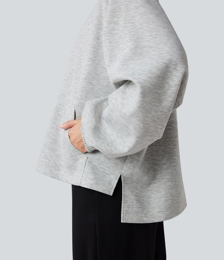 Mock Neck Long Sleeve High Low Casual Sweatshirt with Pocket