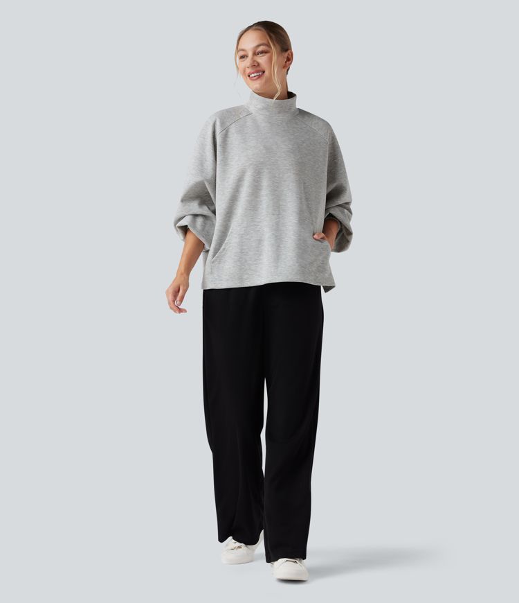 Mock Neck Long Sleeve High Low Casual Sweatshirt with Pocket
