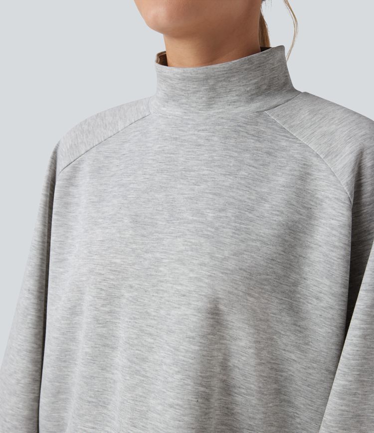 Mock Neck Long Sleeve High Low Casual Sweatshirt with Pocket